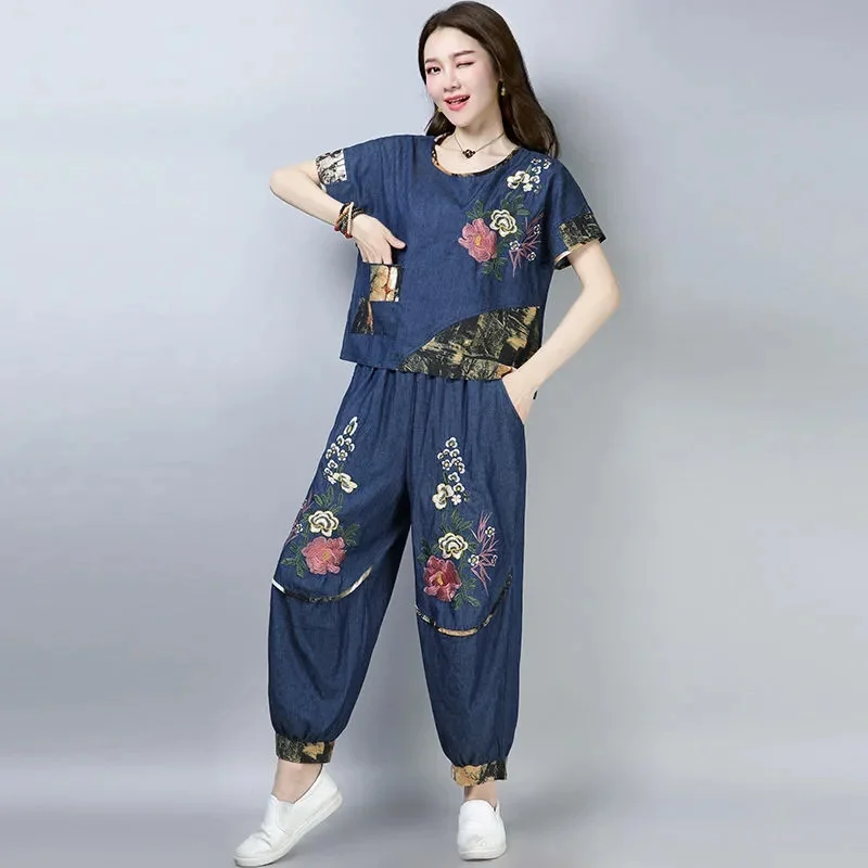 Mid Aged Elderly Ethnic Style Large Size Women\'s Set Summer New Thin Retro Loose Embroidered Short Sleeved Casual Two-Piece Set