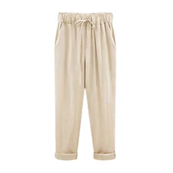 2026 Fashion Women Nine Points Pants Cotton linen New Casual Bundling Wide Waist Belt Candy Color Pencil Pants roupas femininas
