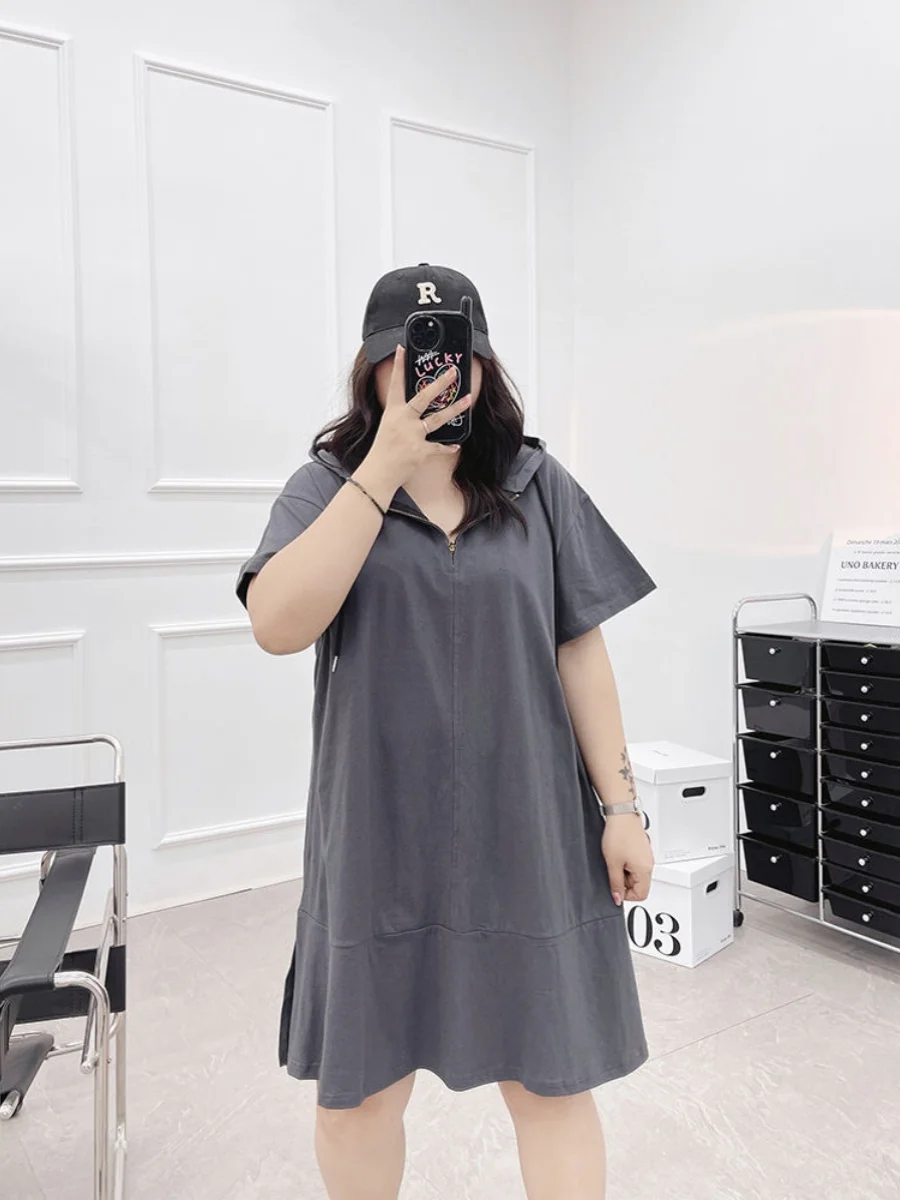 T-shirt à capuche pour femme grande taille Dr Summer New Sle T-shirt mi-long ort-savé dissimulant la viande Dr coréen Sle ro...