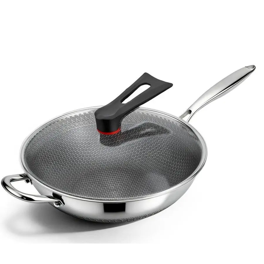 

Pan 12 Inch with Standing Lid, 18 10 Stainless Steel Honeycomb Wok, Hybrid Stir Fry Pan with Flat Bottom, Physical NonStick Stru