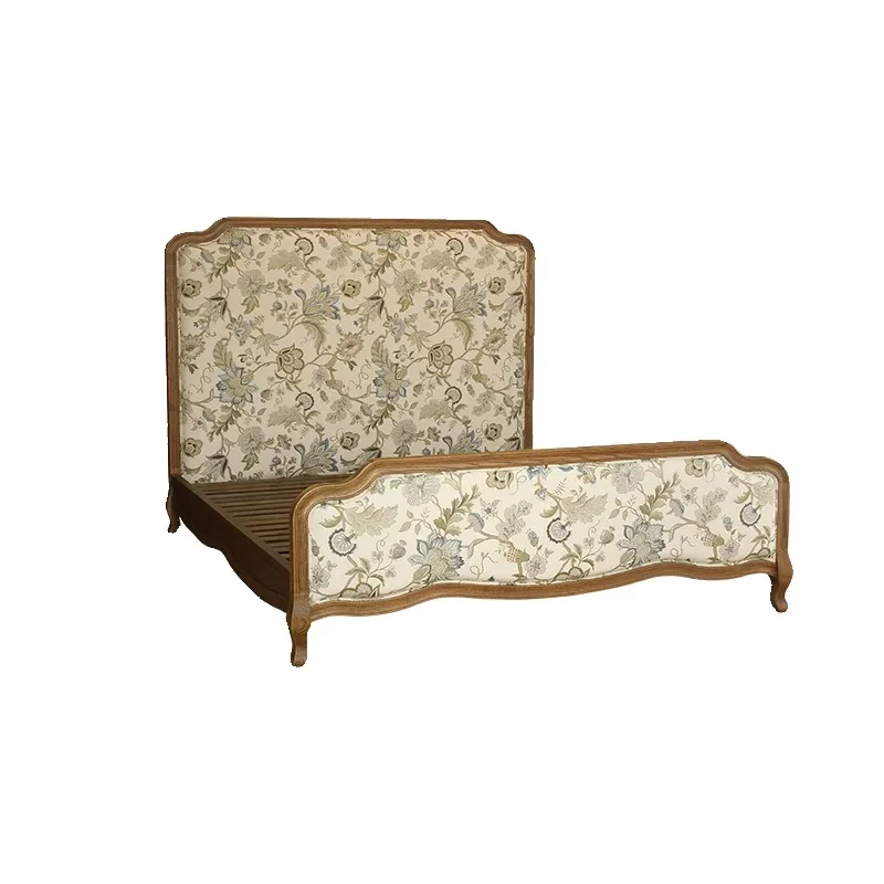 #American country solid wood fabric bed retro jacquard imported oak bedroom soft bag double wedding bed second bedroom single be