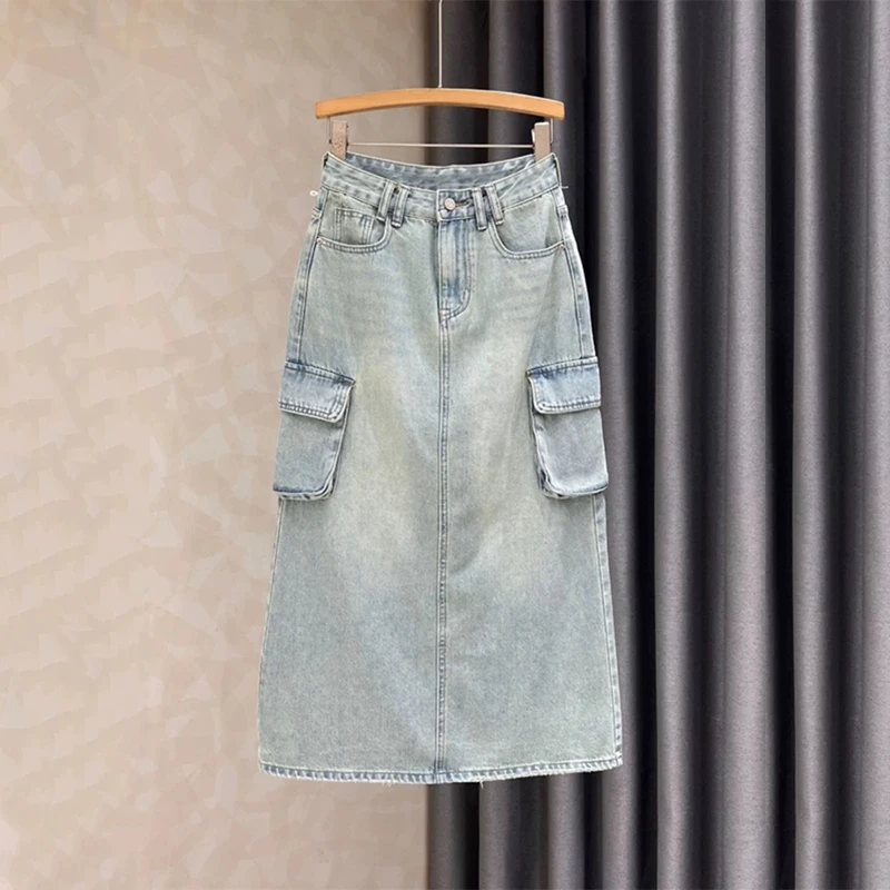 

High Waist Denim Skirt Women Back Split Pockets Cargo Skirt Casual Loose Jean Skirt Female Street wear