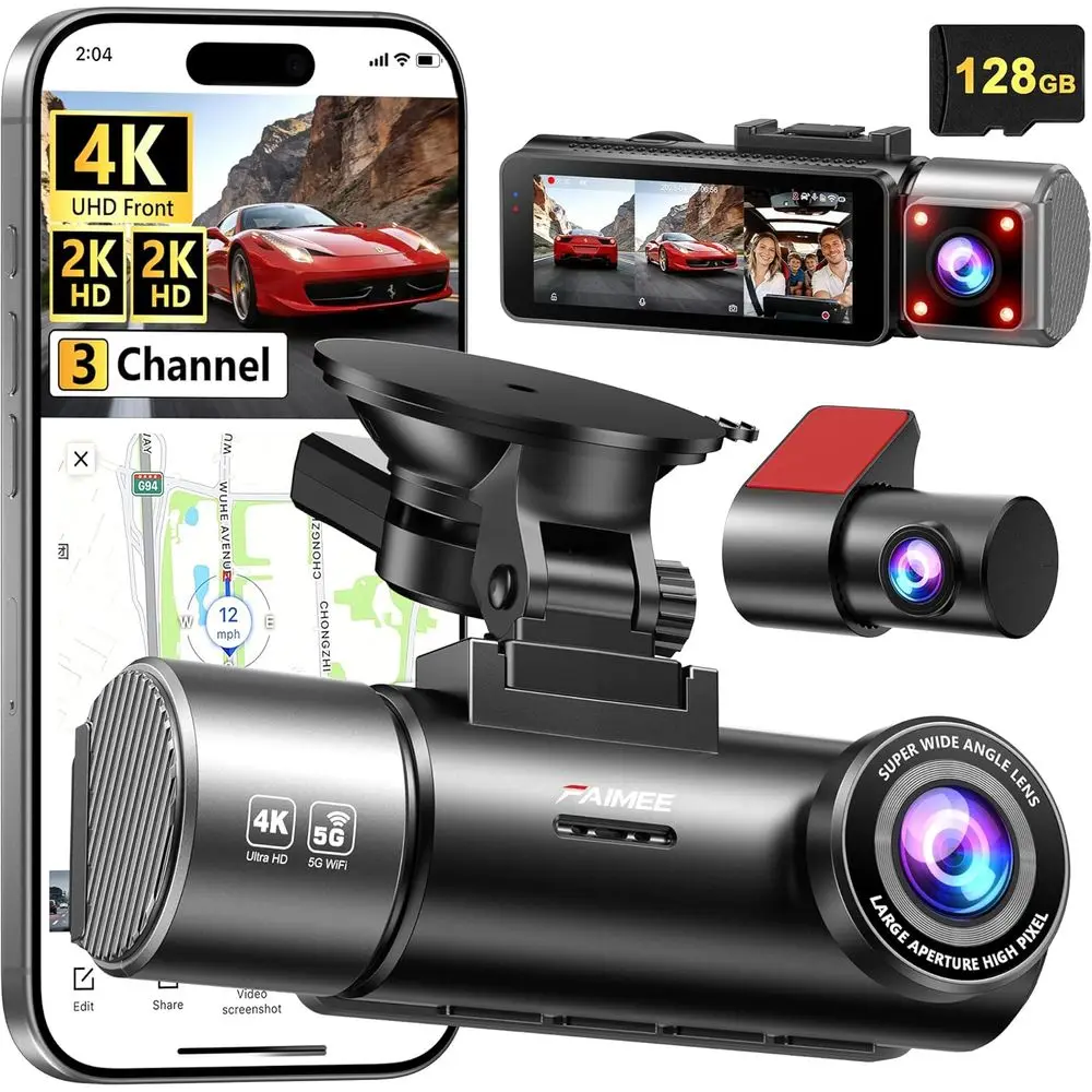 

4K+2K+2K 3 Channel Cam ront and Rear, 128GB Card Included, Camera or Cars 5.8G/2.4G Dual Wii, Built-in GPS, Night Vision, WDR, 1