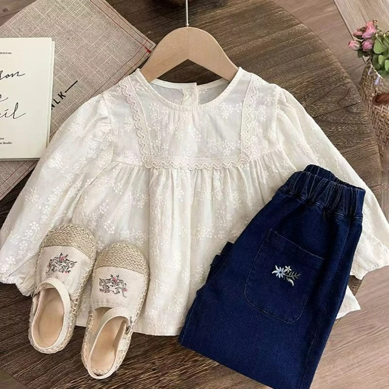 T-shirt Children\'s Girls\' Lace Shirt 2026 Spring New Long Sleeve Clothing Children\'s French Jacquard Doll Shirt Top