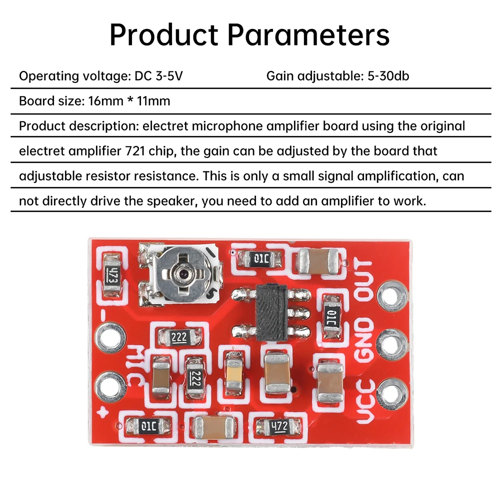 Pré-amplificador de microfone de eletreto dc 3-5v, módulo de pré-estágio de microfone de chip 721 ganho 5-30db módulo de captação de ruído ajustável