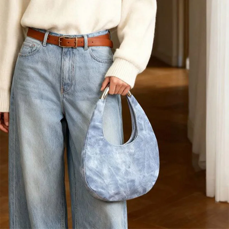 Tas Selempang Rajut Desain Retro Denim Musim Gugur dan Musim Dingin 2025, Tas Bahu Fashion, Tas Crescent Portabel, Tas Bucket