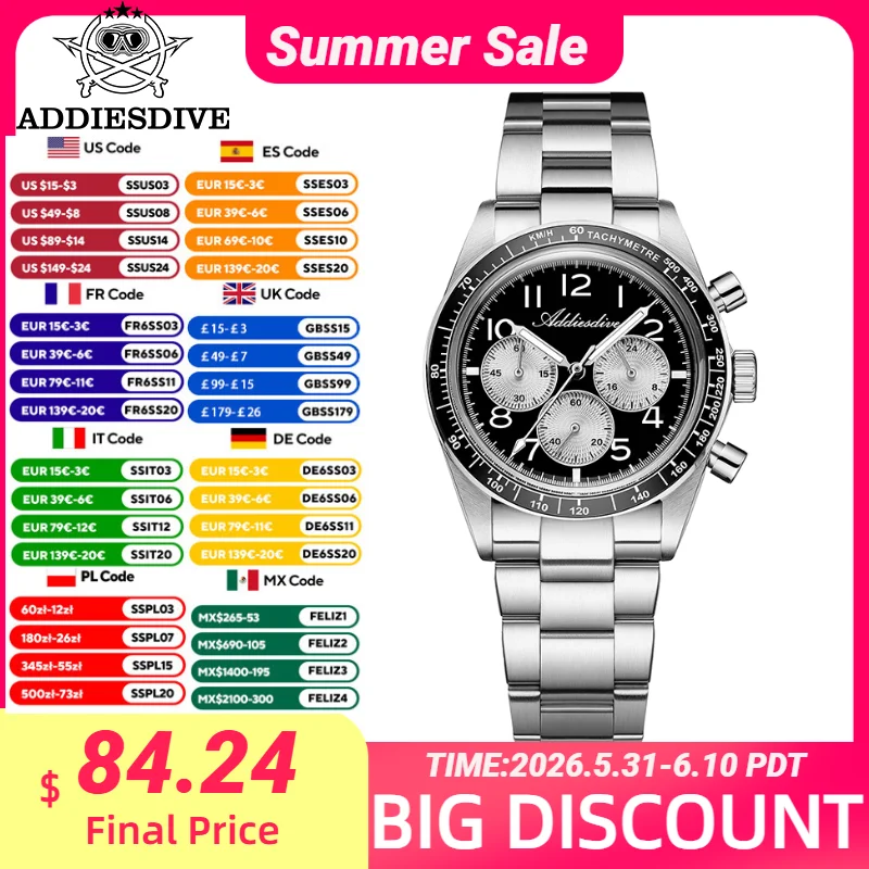 

ADDIESDIVE 37mm Men Luxury Quartz Chronograph Watch AD2543 Ceramic Bezel 100M Waterproof BGW9 Luminous Tachymeter Sport Watches