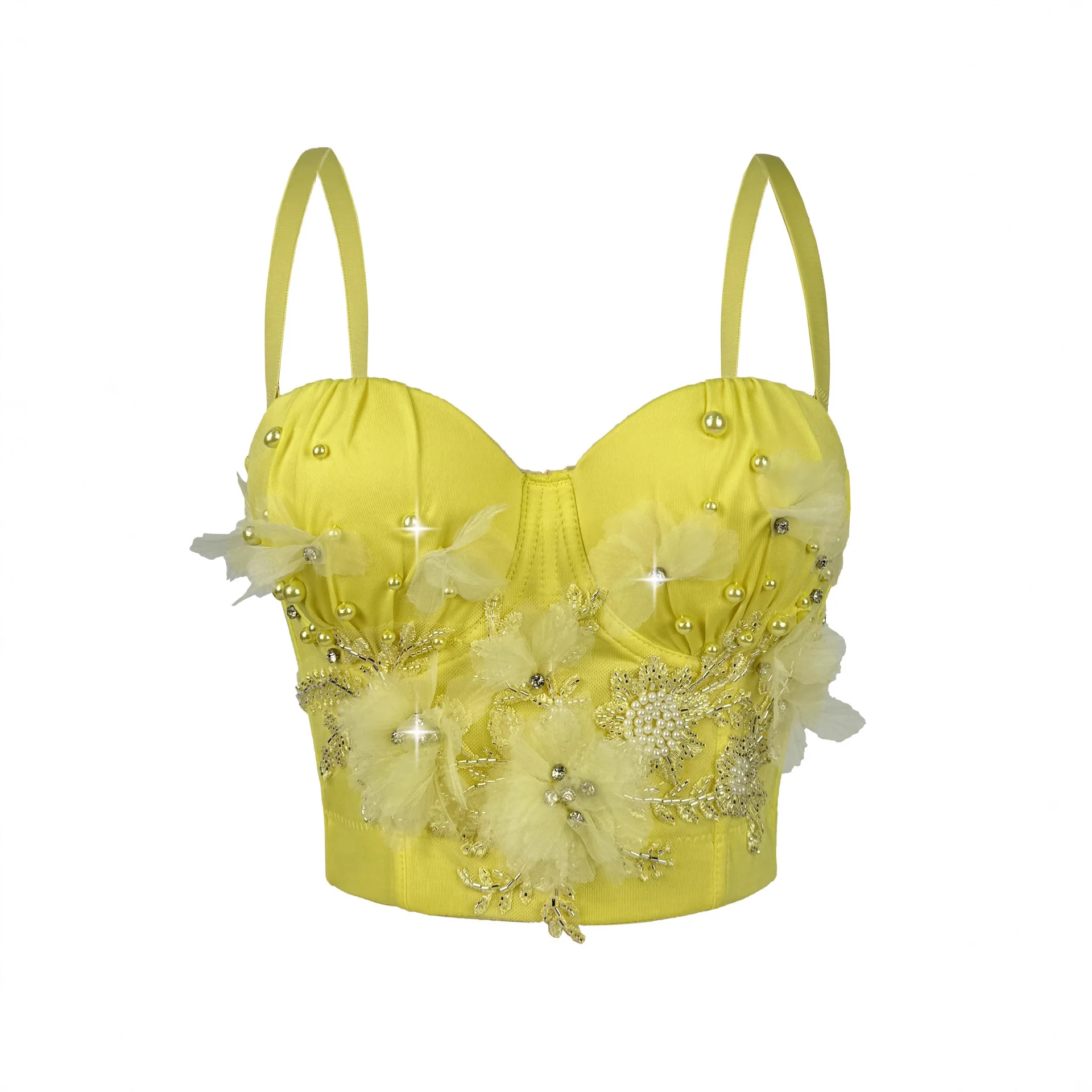 Handmade Beaded Flower Bustier with Pearls, Vintage Boned Corset Top for Women, Sexy Backless Camisole Shaper Lingerie Crop Top