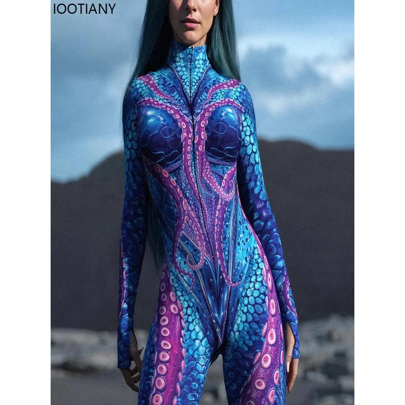 Monos sexis con estampado de pulpo para mujer, monos de fiesta temática de animales marinos, monos únicos de monstruo marino, traje Rave Zentai, nuevo