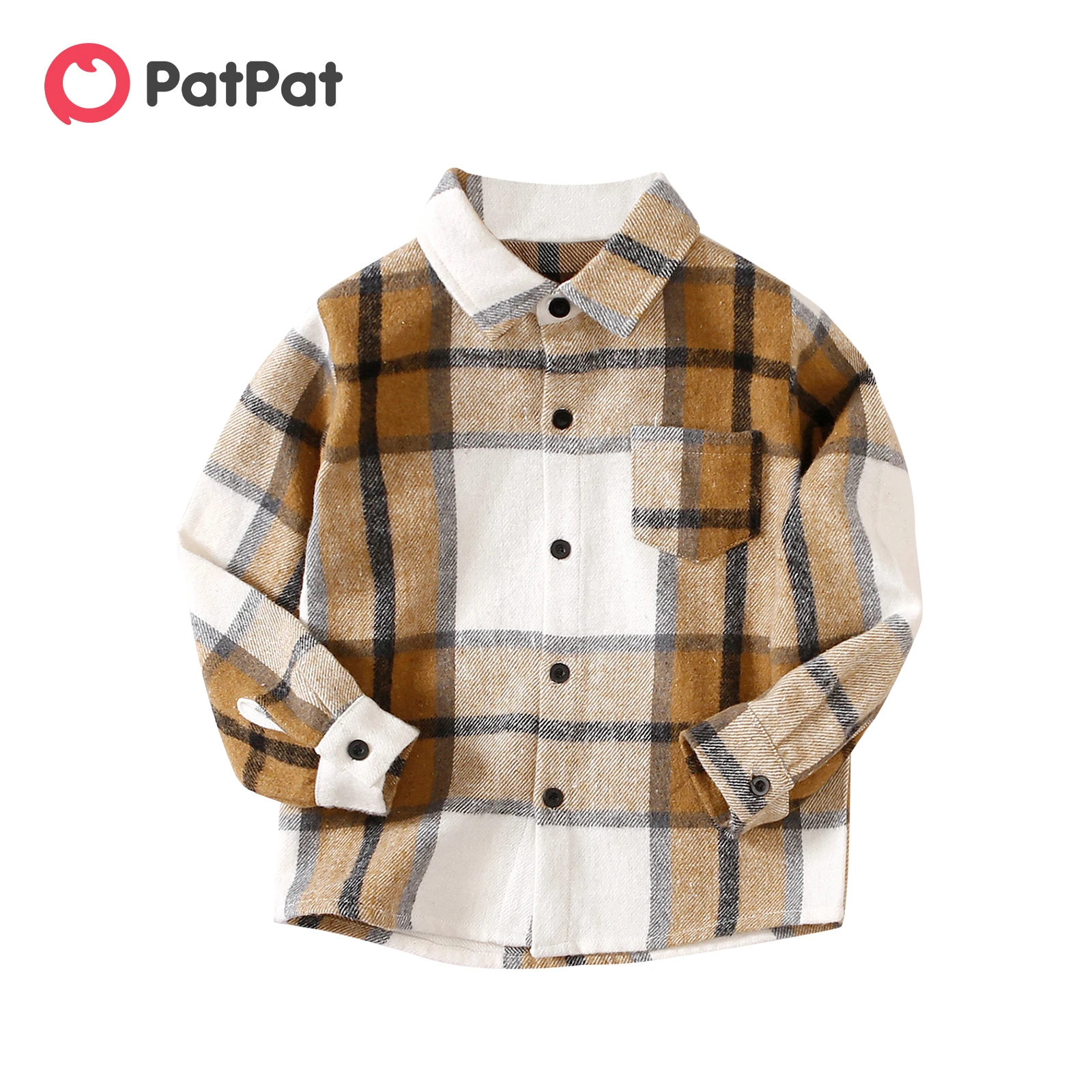 PatPat Kid Boy-camisa a cuadros de manga larga con cuello de solapa y botones