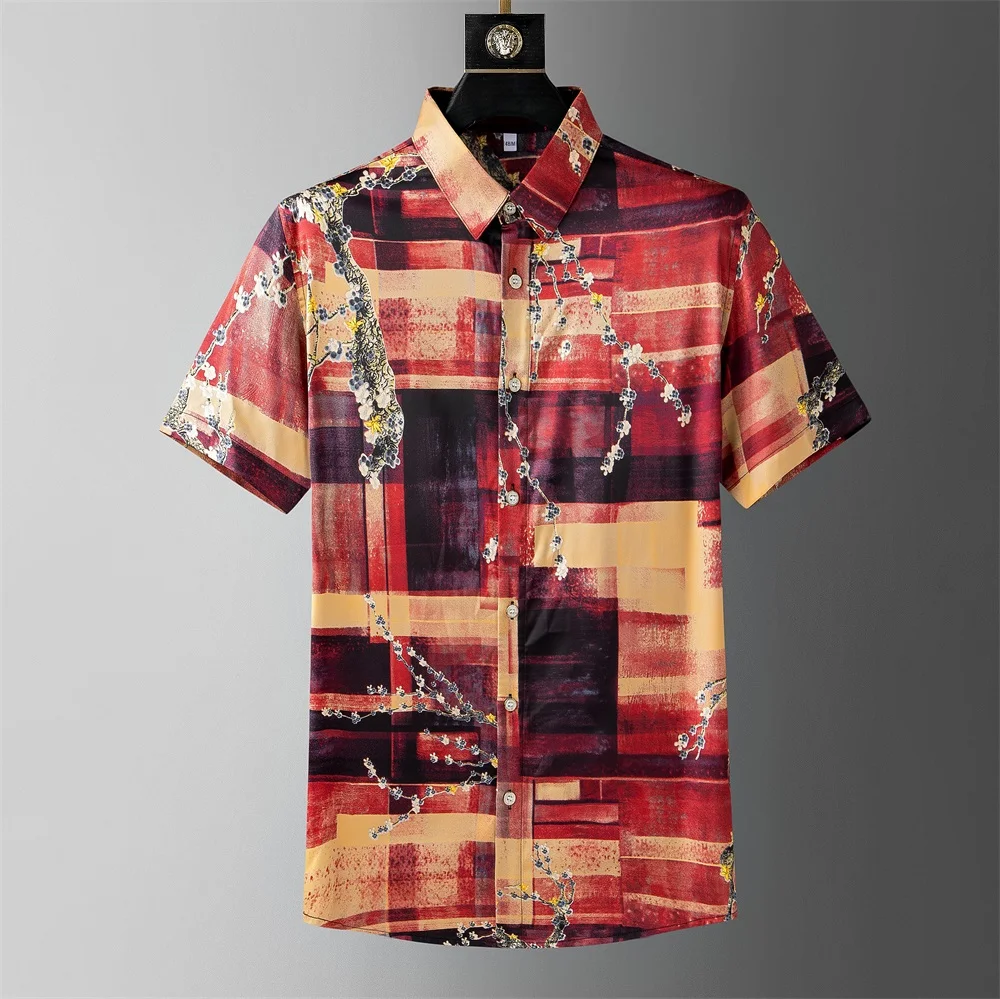 

Summer Artistic Geometric Printing Shirts Men Short Sleeved Loose Casual Shirts Fashion Oversized Streetwear Social Beach Shirt