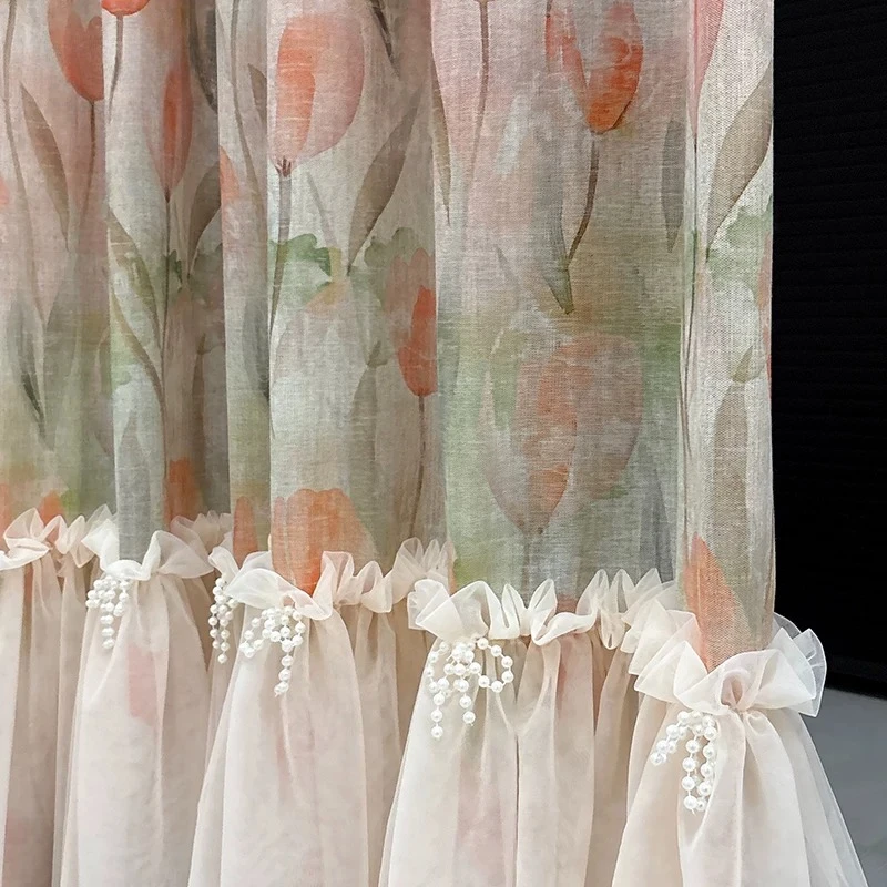 Pink Tulip Oil Painting Printing Cotton Linen Window Screen Splicing Curtains for Living Room Bedroom French Window Customized