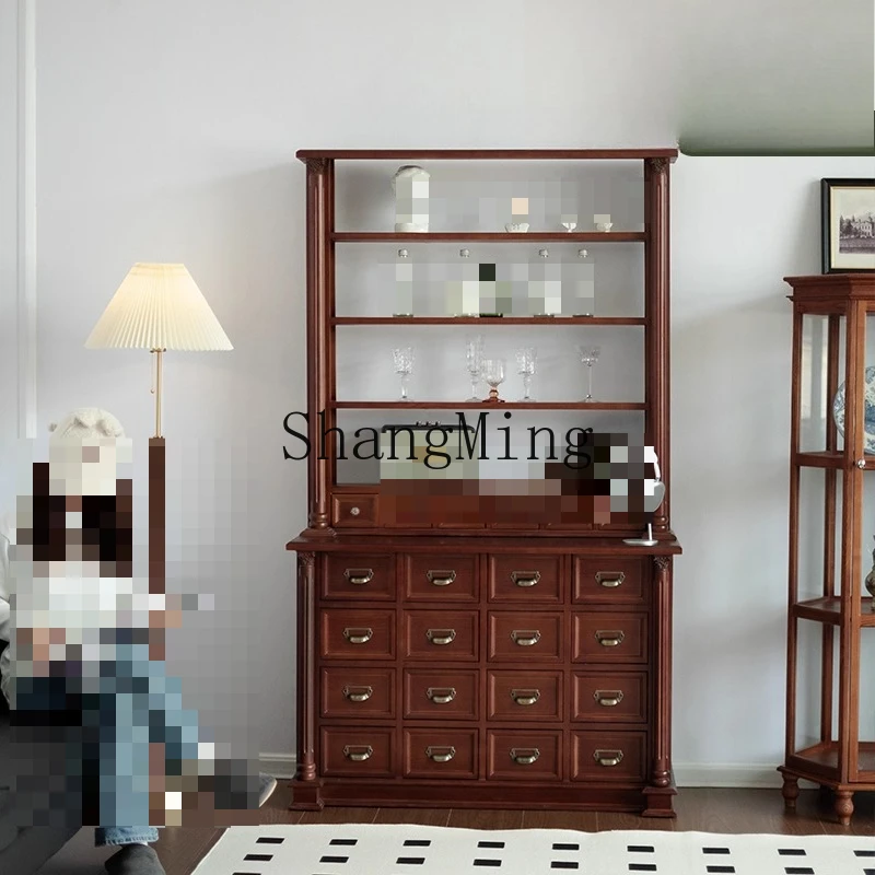 

FG retro solid wood glass display wine cabinet light luxury living room home floor rack medieval display cabinet