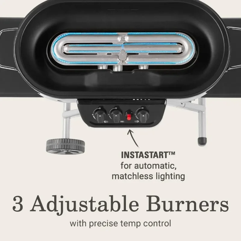 285 Portable Stand-Up Propane Grill, Gas Grill with 3 Adjustable Burners & Instastart Push-Button Ignition; Great for Camping