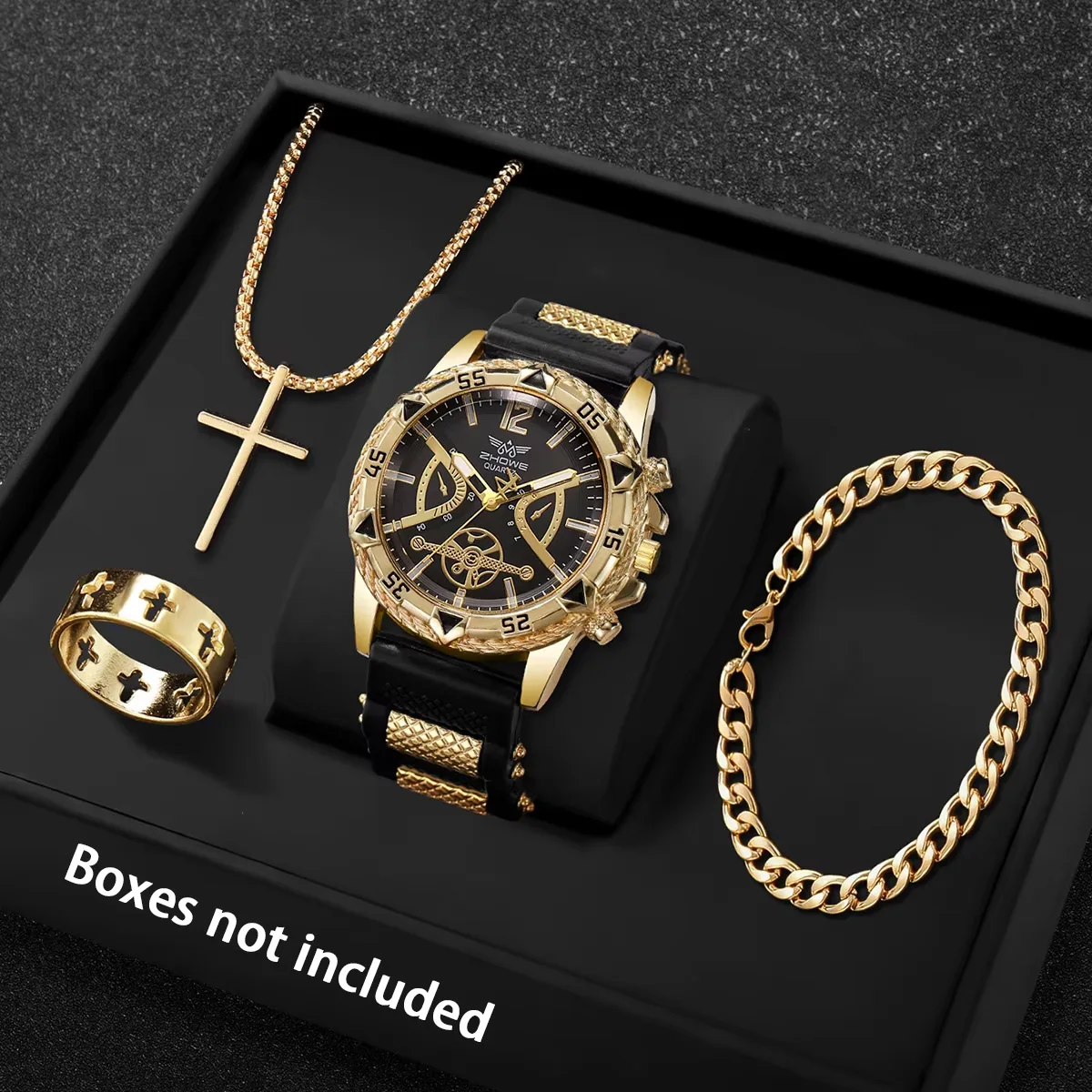 4Pcs Men Wrist Watch Set, Calm & Generous, Ideal Gift For Ramadan, Eid Al‑Fitr, Father's Day, Birthday, Anniversary