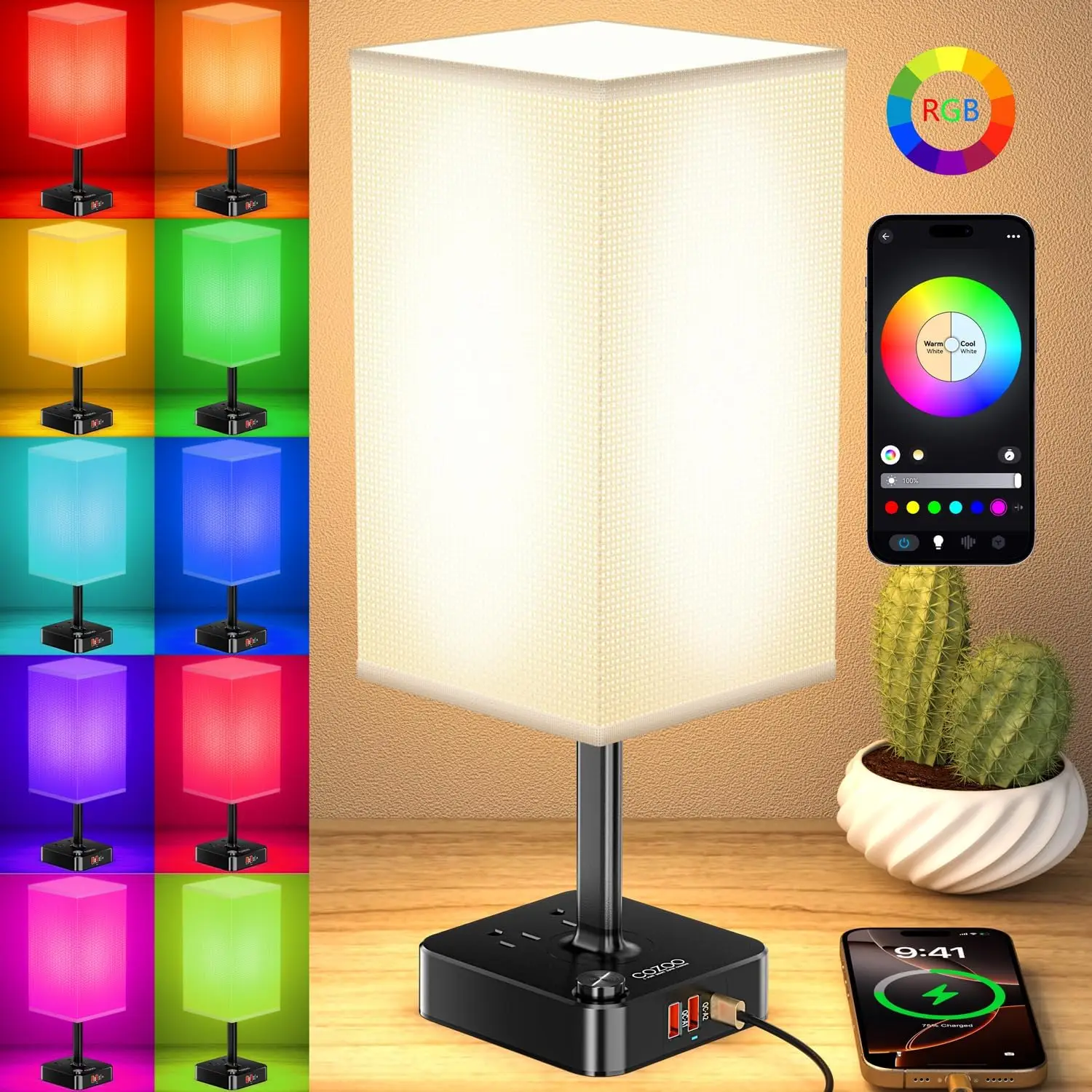

Bluetooth/WiFi RGB LED Bedside Lamp with USB Charging, Dimmable, Music Sync, 3 Ports & 2 Outlets