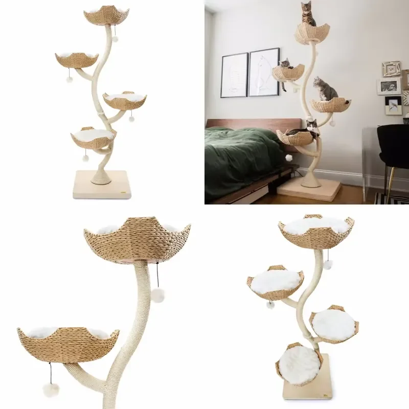 for Cat Tree Scratcher Solid Wood Multi Size Wooden Rattan Nest Climbing Frame Grinding Claw Play Furniture Pet Supplies
