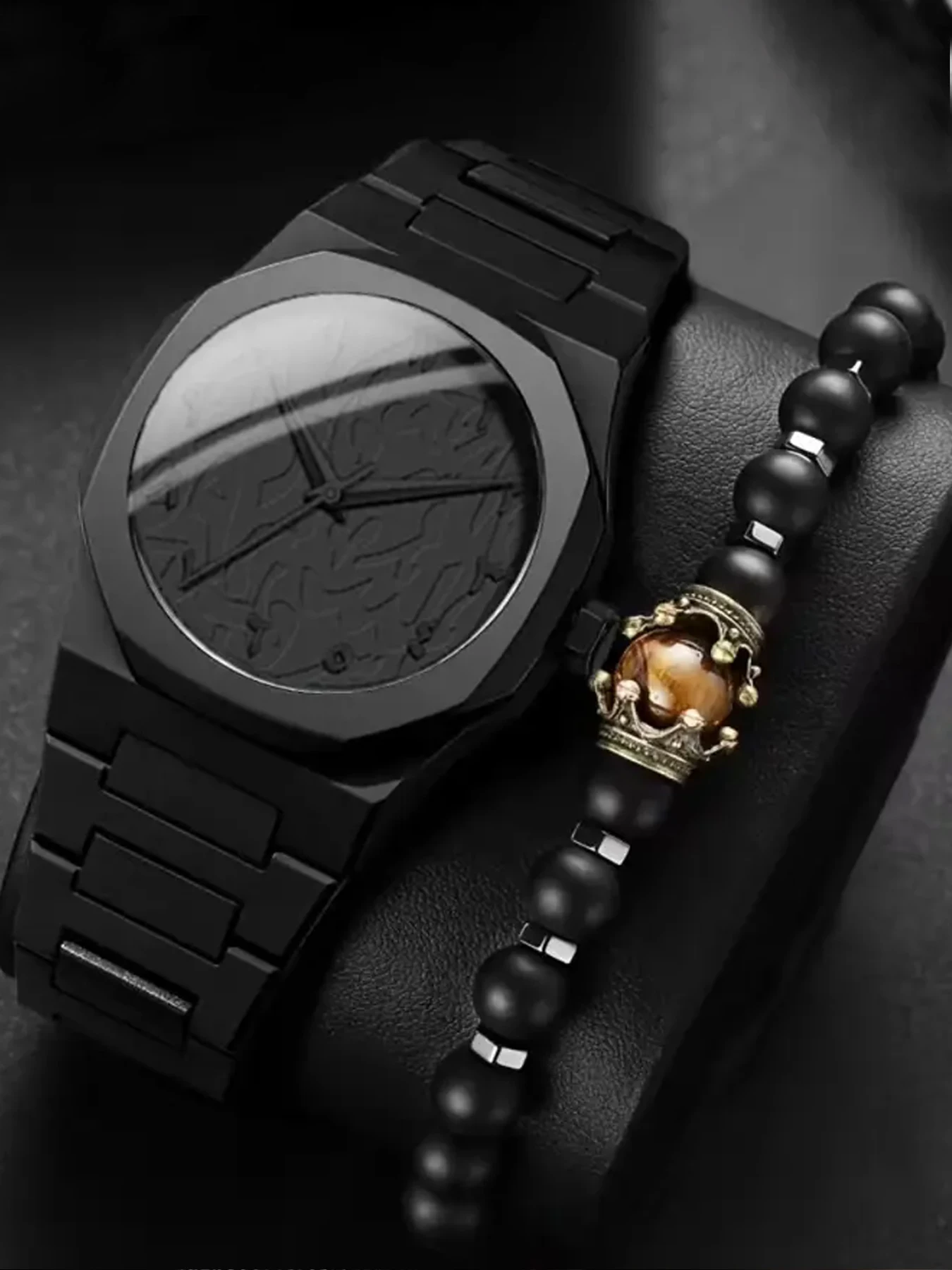 Dark Tone Minimal Watch with Vintage Crown Tiger Eye Bead Bracelet Gift Set