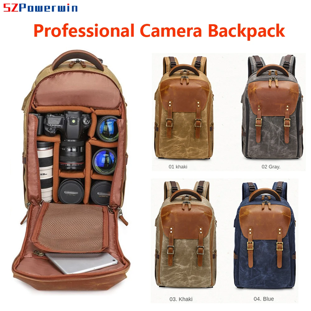 Powerwin Professional Waterproof DSLR Camera Backpack USB Chargering Canvas Top Layer Cowhide Leather Bag for Lens Laptop