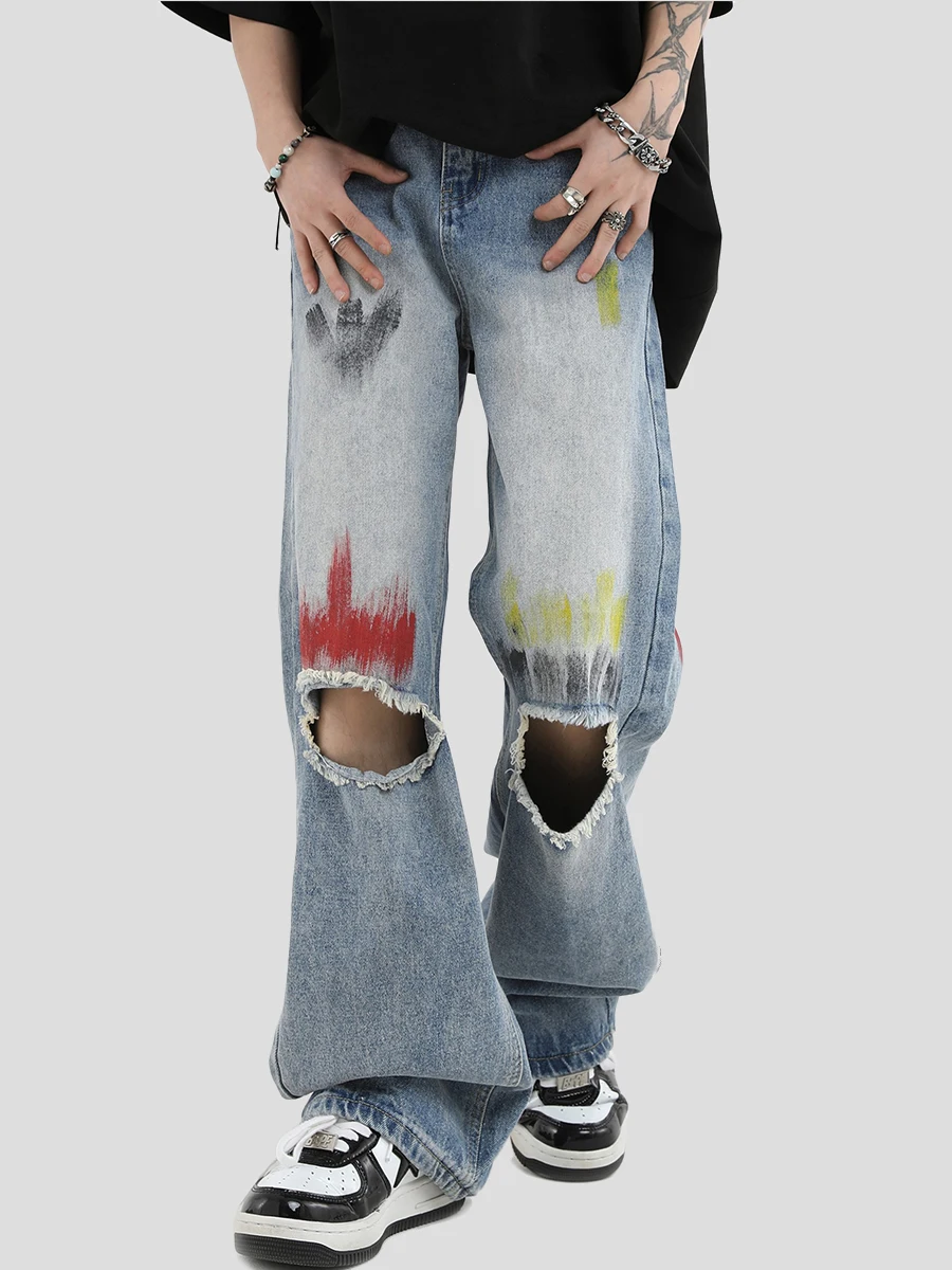 Hole Jeans Men Painted Asymmetrical Frayed Full Length Japanese Style Washed High Street  Hip Hop Denim Do Old Wide Leg Baggy