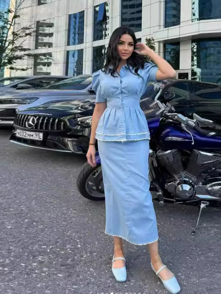 

Y2k Women Denim Sets Office Work Lapel Ruff Sleeves Cinching Waist Slim Tops Baggy Long Jeans Dress 2 Piece Suits Chic Elegant