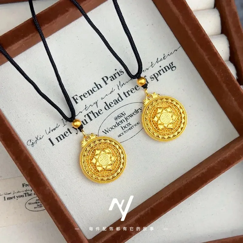Zylax Jewelry Luxury 24K 9999 Pure Gold real gold Vintage Hollow Filament Lotus Compasses Pendant Necklace