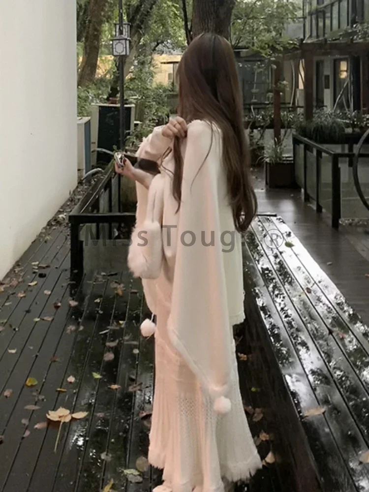 Winter France Princess Elegant 2 Piece Set Women Tassel Solid Designer Midi Dress Suit Female Korean Style Chic Clothes 2024 New