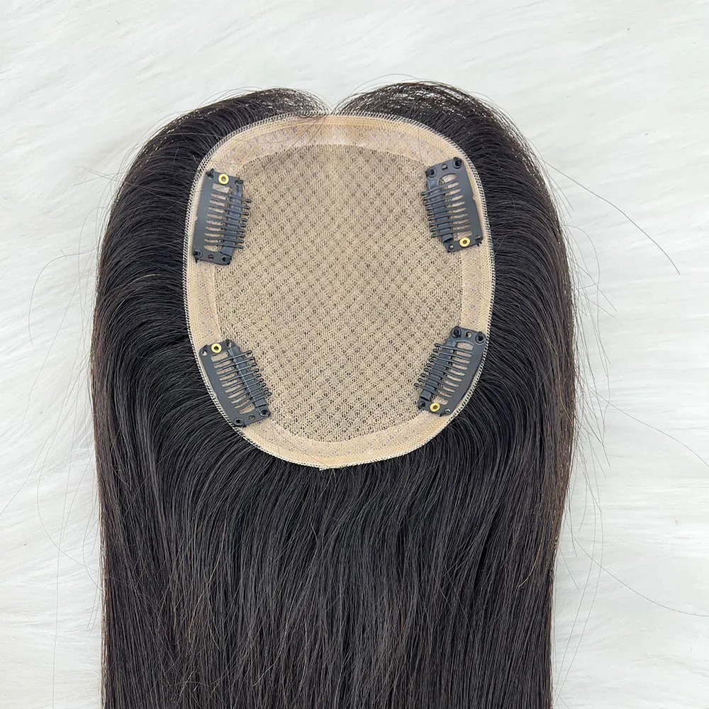 Human Hair Topper Silk Top Remy European Hair Straight Silk Base Full Hand tied Soft Breathable Hair Piece Clips for Women