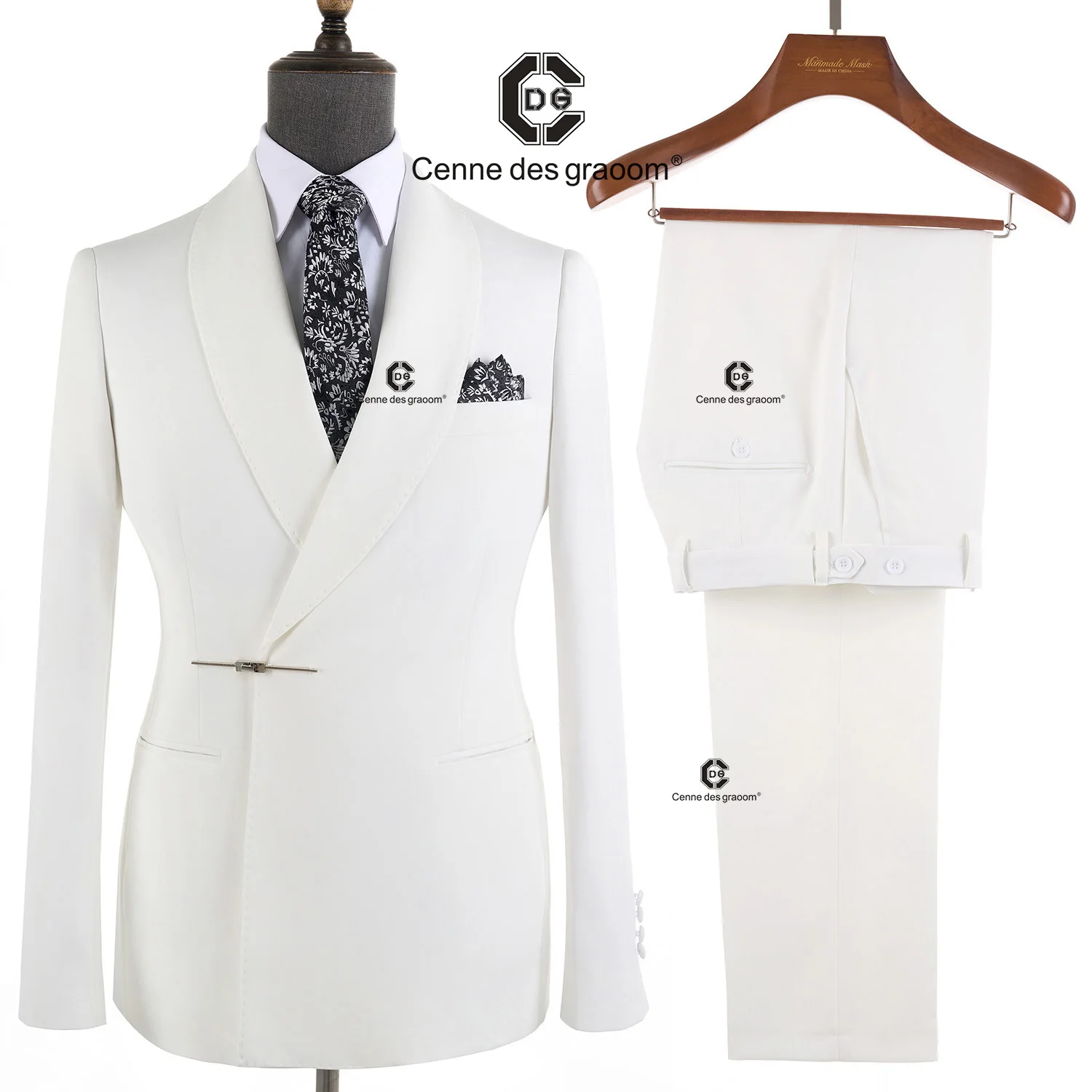 Cenne Des Graoom 2025 New Men's White Suits Metal Side Release Buckle Jacket Pants 2 Pieces Set Wedding Party Dinner Tuxedo