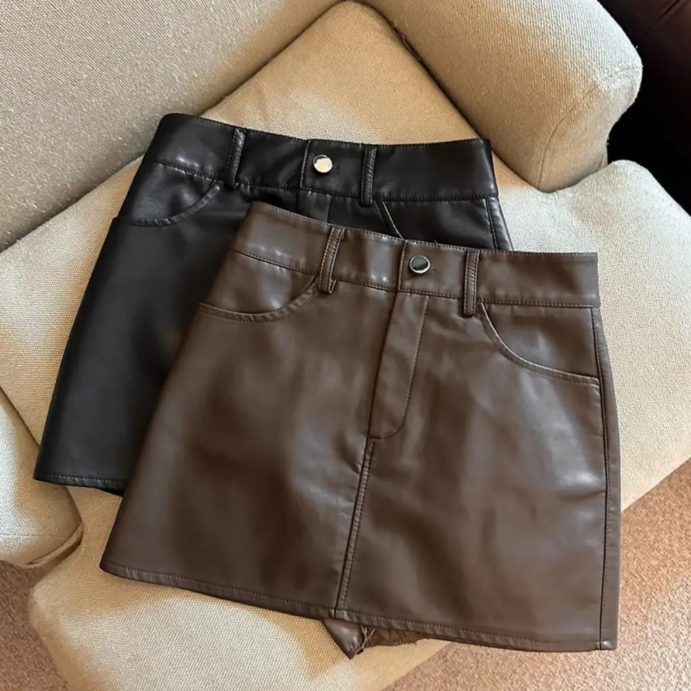 Zipper PU Leather Skirt Solid Color Slim Fit High Waist A-line Skirt Autumn Winter Retro Skirt with Safety Pants Girls