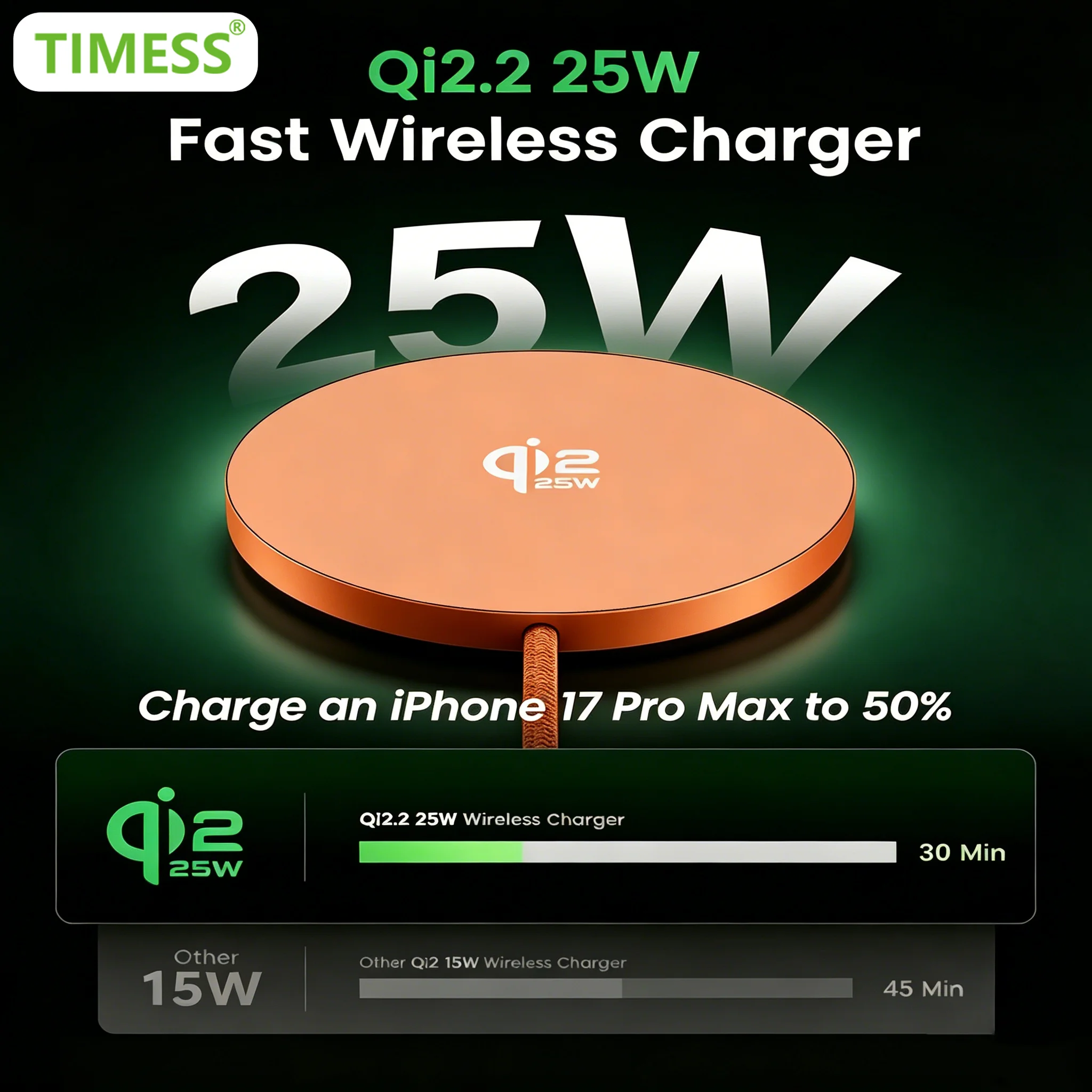 

Беспроводное зарядное устройство TIMESS QI2 25W для iPhone 17 16 15 14 13 12 Pro Max и AirPods 4 3 2 Pro, зарядная станция-подставка 2-в-1