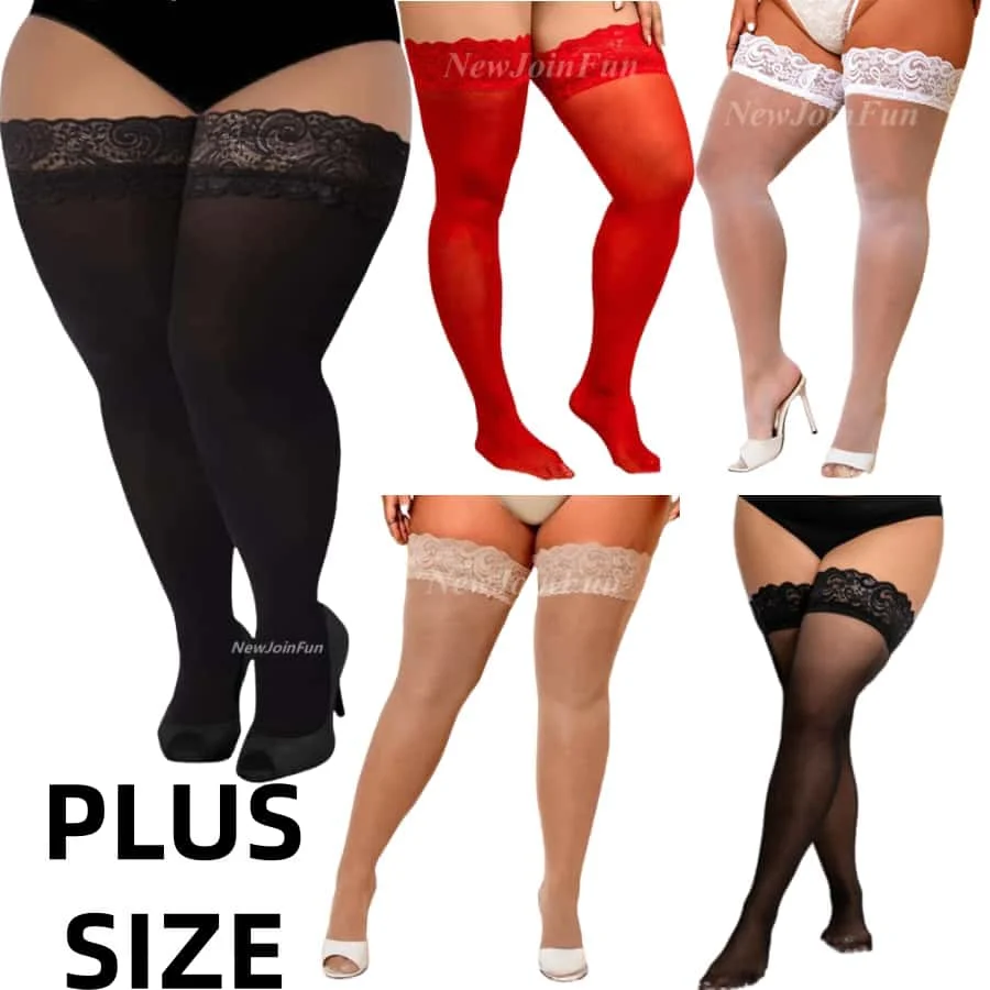 NEWJOINFUN Sexy Thigh High Long Ultra Thin Lace Top Socks Oversized Over The Knee Garter Stockings Anti-slip Woman Plus Size XXL