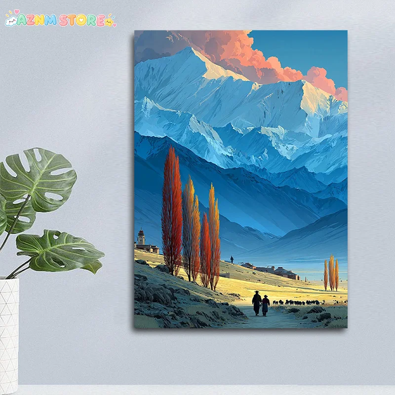 2027,Unframed Canvas Poster, Snowy Mountain Grazing Landscape Wall Art Print, Nature Scenery Canvas Painting, Living Room Bed