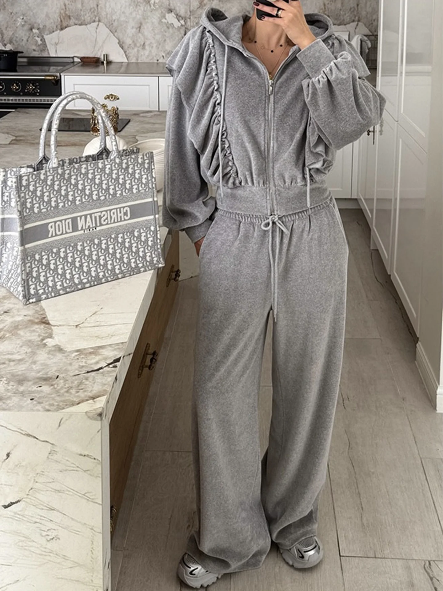 Chic Autumnal Hoodie Jacket And High Waist Wide Leg Pants Set for Women with Lace Trim Casual Fashion Outfit Two Piece Set
