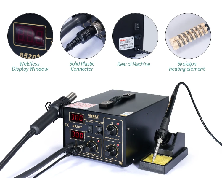 

Brand New YIHUA 852D+ Wind Machine Type Hot Air Gun Welding Station Digital Hot Air Desoldering Station 2-in-1