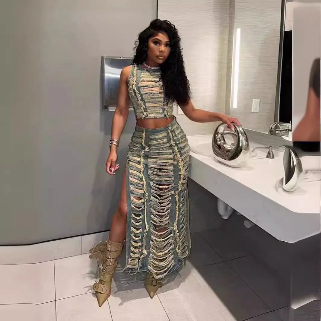 

New Women's Clothing Fashion Hollow Out Sexy Vest Tank Top & High Slit Denim Skirt Set