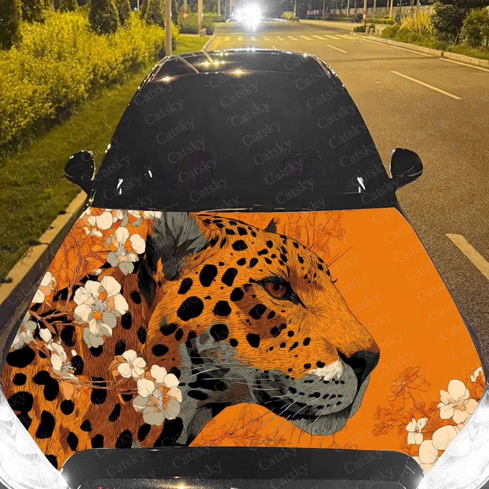 

Car Decal Leopard with Floral-Infused Artistic Fusion, Creating a Striking and Exotic Visual Car Hood Sticker, Waterproof Self -
