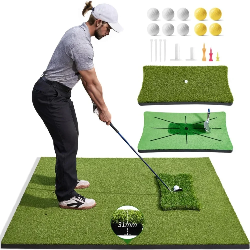 3-in-1 Golf Hitting Mat, 5x4 ft Golf Mats Practice Indoor/Outdoor, Professional Golf Matt Includes 3 Interchangeable Strips