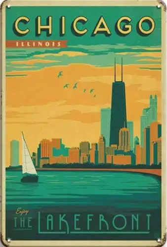 CHICAGO TIN SIGN CHICAGO ENJOY THE LAKEFRONT TOURISM PROMO CHICAGO SAILBOAT ART