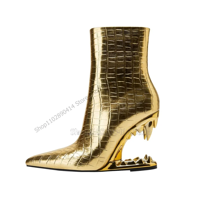 Gold Pointed Toe Strange Style Heels Boots Mid Calf Slip On Women Shoes European Style Novel Fashion 2023 Zapatos Para Mujere