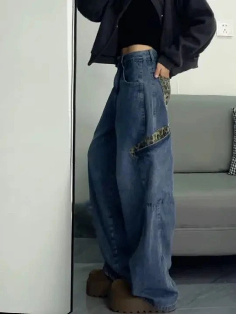 

American Style Men's Workwear Jeans with Multiple Pockets Autumn Winter Leopard Print Patchwork Wide Leg Straight Micro Flare...