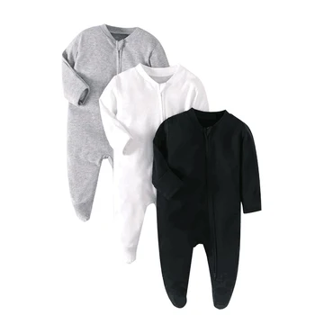 Pijamas para recém-nascidos com zíper, macacão de manga comprida para meninos e meninas, algodão sólido branco, moda de 0 a 12 meses, roupas de bebê