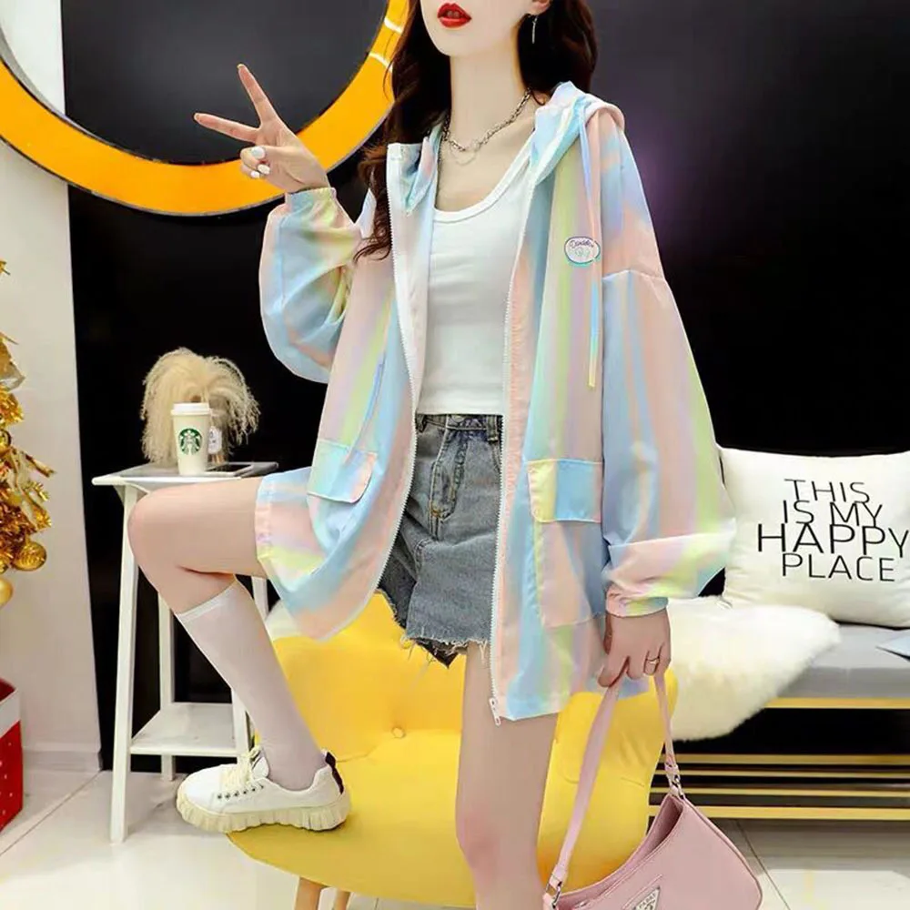 Rainbow Sun Protection Jacket Women\'s Long Sleeve Summer 2022 Korean Ultra-Thin Loose Versatile Breathable Coats Femme Tide