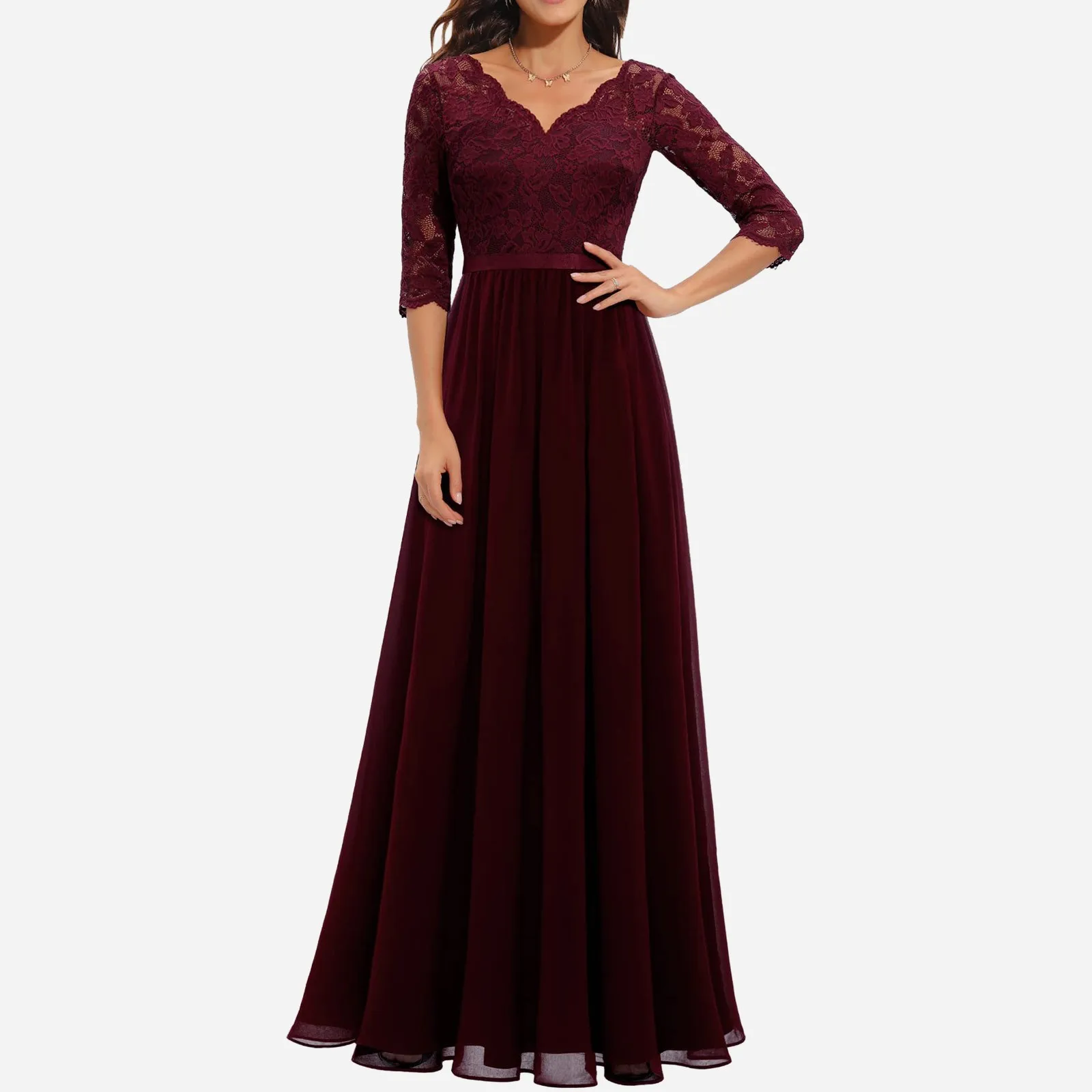 Abito lungo da donna abito da sera da sposa Vintage elegante in pizzo tinta unita con scollo a v a mezza manica con cerniera posteriore senza schienale abito femminile