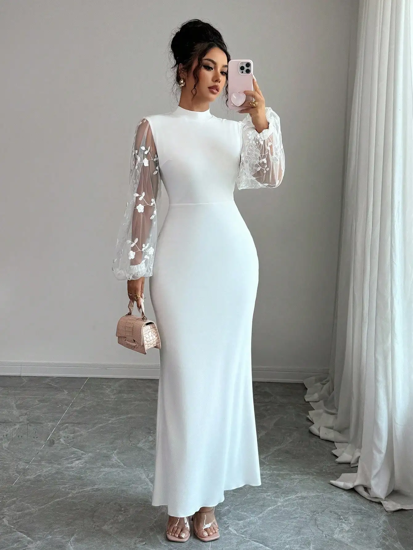 

White High-Neck Long Dress with Sheer Floral Embroidered Lantern Sleeves