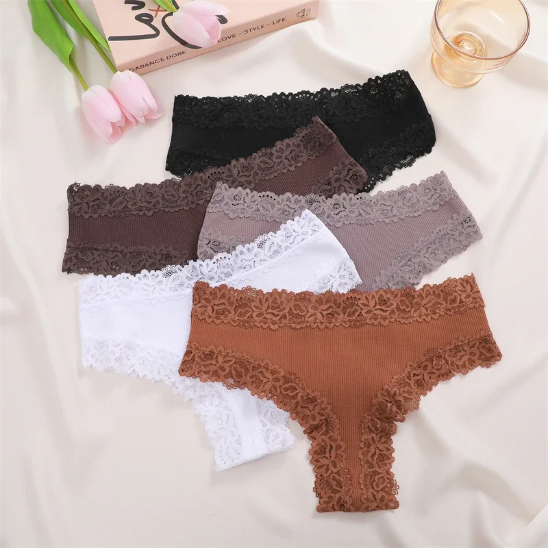 6PCS Cotton Brazilian Pants Sexy Lace Women Low Waist Panties Underwear Solid Color Ladies Briefs Lingere Underware Soft Women