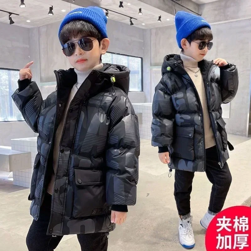 Winter Children Warm Outerwear Boys Letter Print Down Parka Coat Teenage Fashion Thicken Hooded Jackets Kids Outdoor Snowsuit