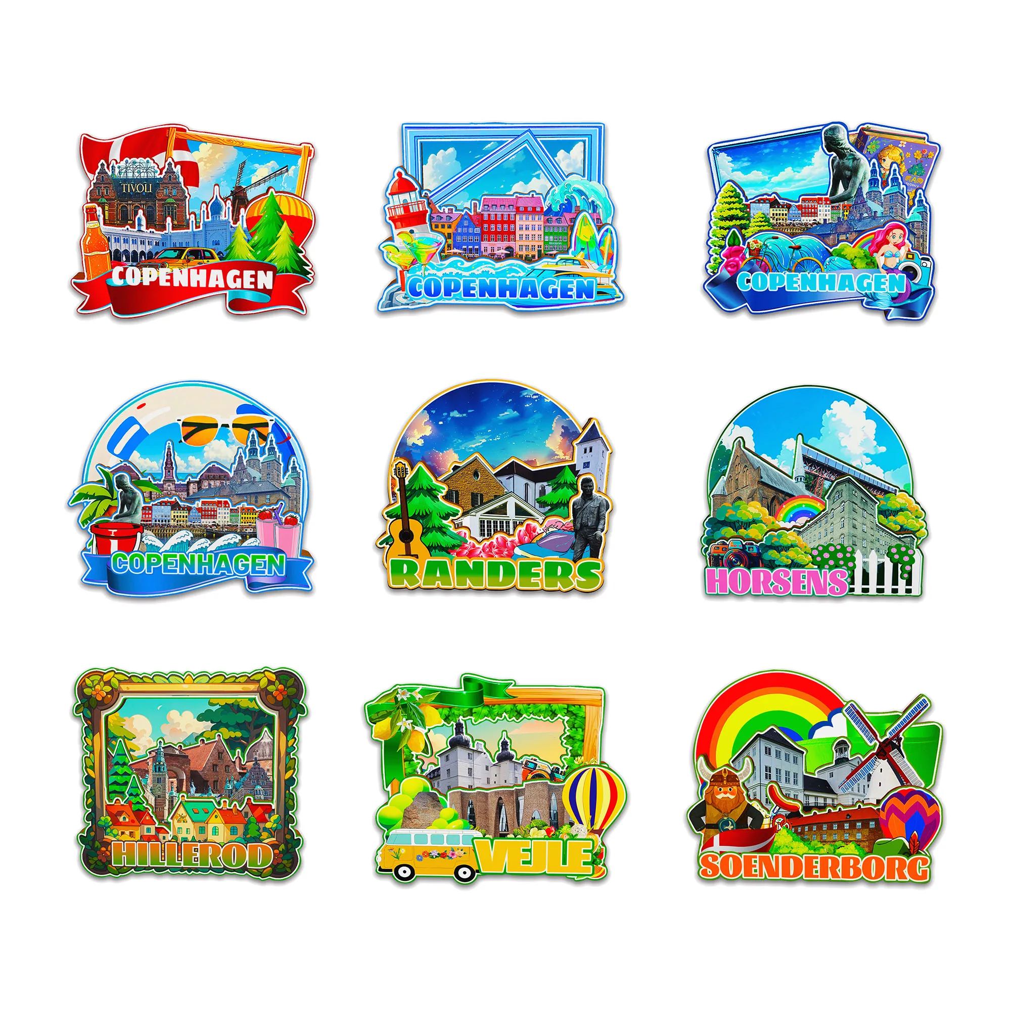 Декоративные магниты для случайников Soenderborg Fiskle Hillerod Horsens Copenhagen Denmark City Landmark Путешествия Сувениры Холодильник