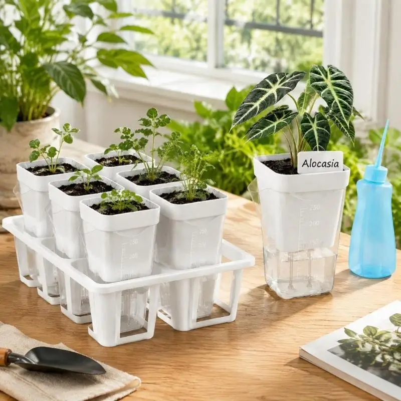 Indoor Propagation Pot Set, 10 Clear Watering Cups with Wicks, Plant Labels, Long-Nozzle Bottle and Tray for D2RD