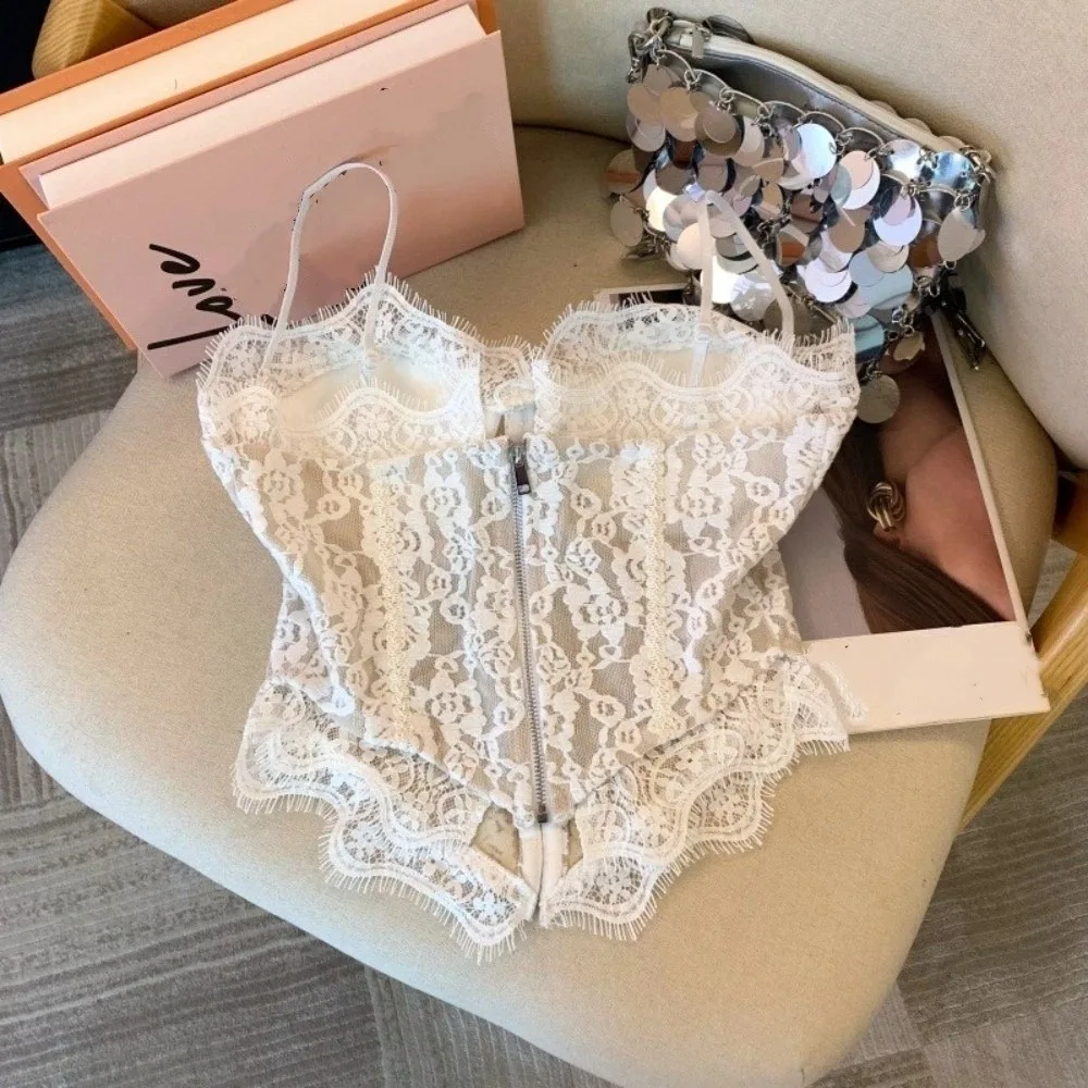 Elegant Transparent Lace Camisole Slim fit Fishbone Lace Corset Sleeveless Suspender Vest Spring Summer